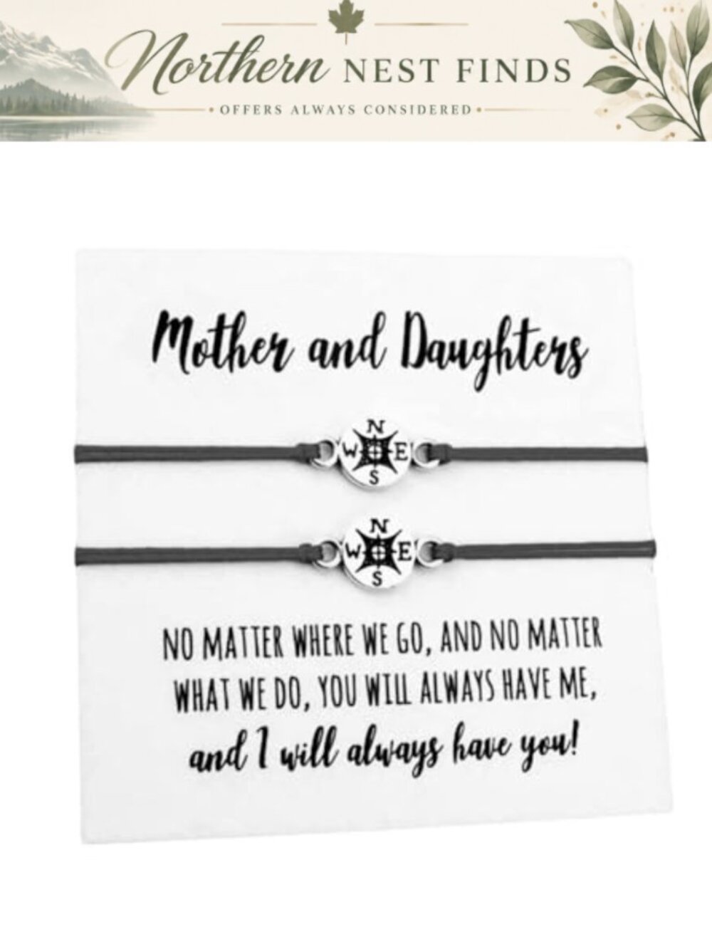 Mother Daughter Wish Bracelets Set of 2 Compass Charm Handmade Wax Cord